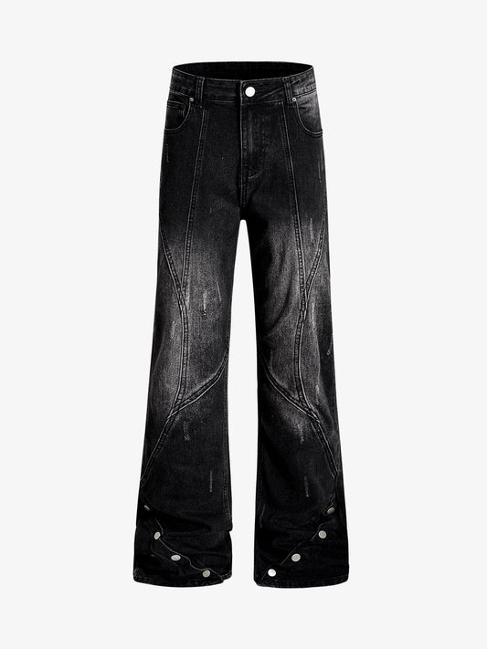 Black Denim Wide-Leg Jeans with Asymmetric Stitching and Button Details?