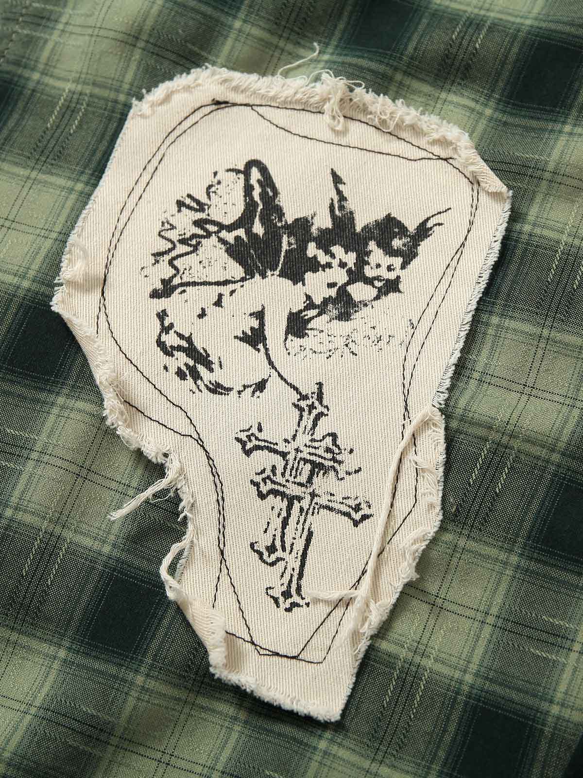 Plaid Applique Printed Short Sleeve Shirt - 2463 