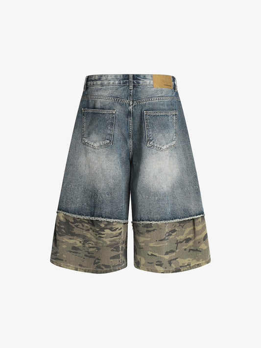 Camouflage Hem Patchwork Denim Shorts 