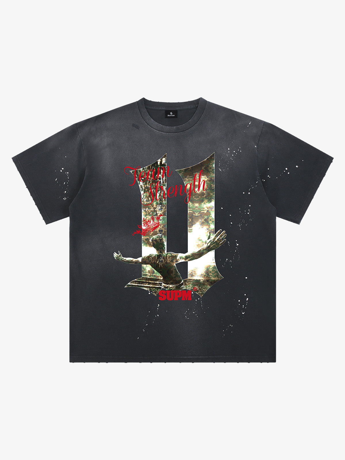 Unisex distressed loose-fitting cotton short-sleeved T-shirts featuring a print of the "11" team strength from the FIFA World Cup and a splatter-wash finish. 