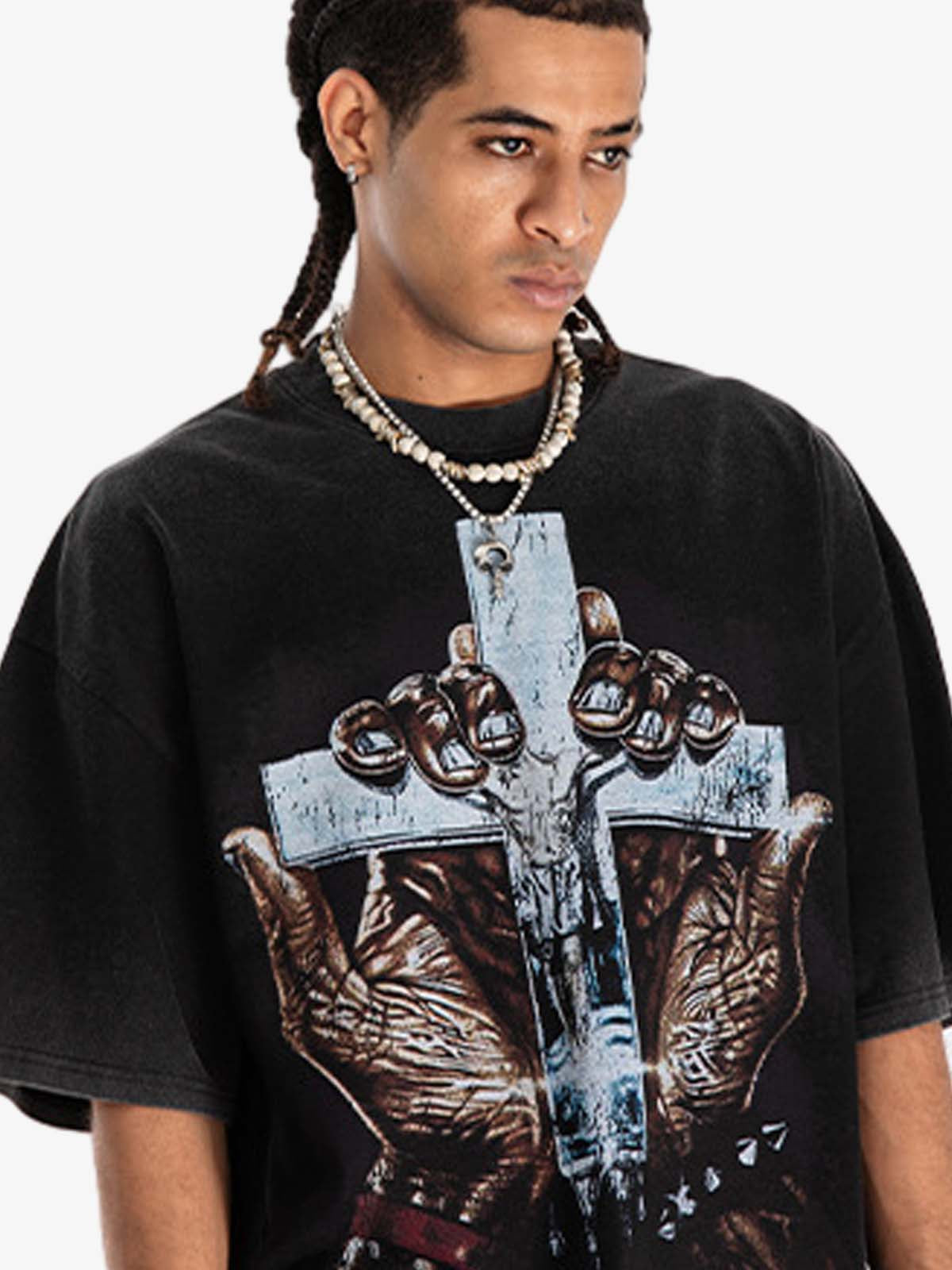 300G Jade Pattern Dyeing Cotton Oversized T-Shirt with Cross Hand Graphic Print?