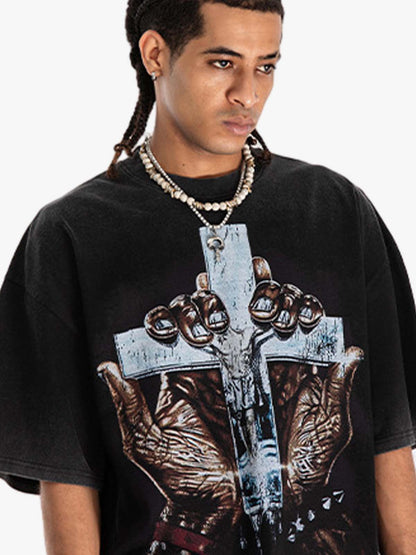 300G Jade Pattern Dyeing Cotton Oversized T-Shirt with Cross Hand Graphic Print?