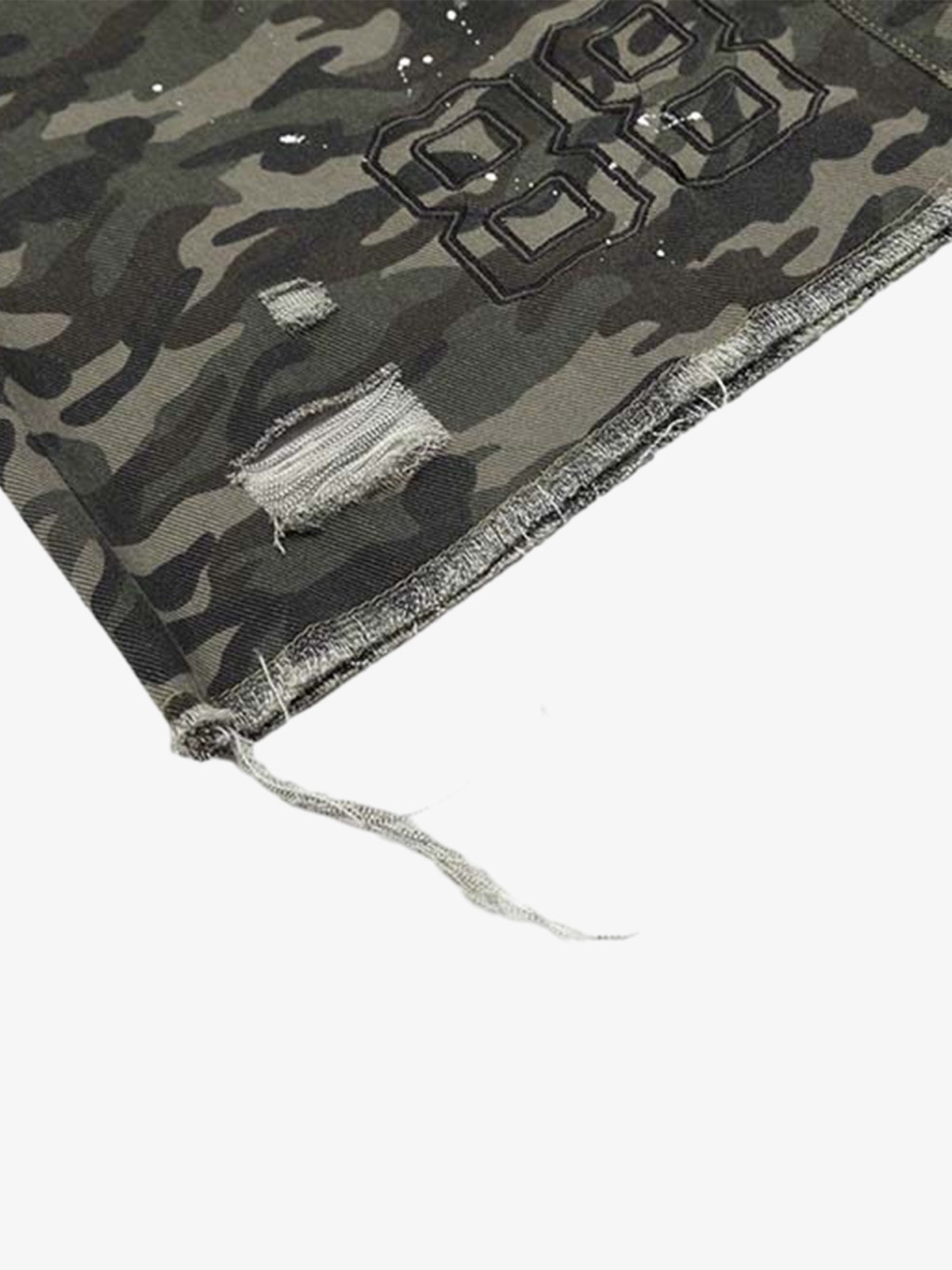 Denim Camouflage Cargo Shorts with Ripped Details and Patch Pockets?