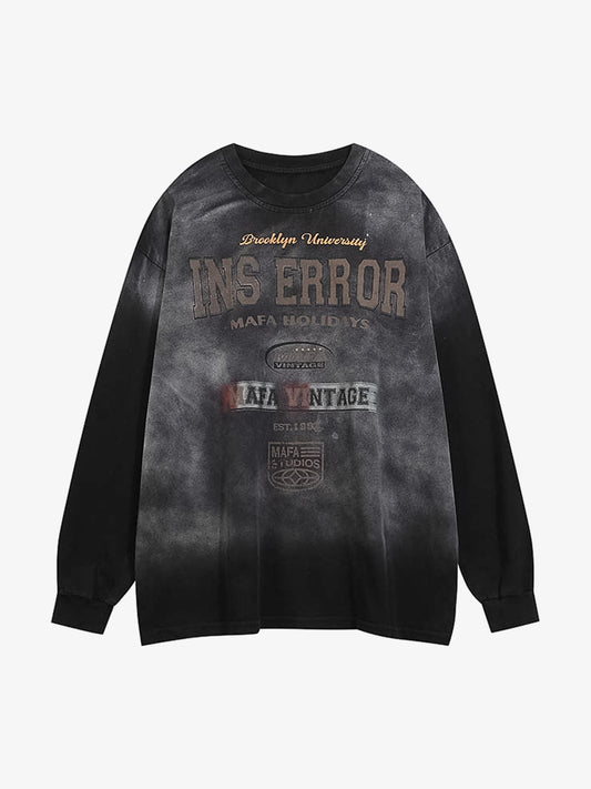 Letter Printed Washed Distressed Gradient Long Sleeve T-Shirt 