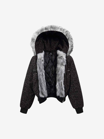 Retro Faux Fur Trimmed Hood Leopard Print Bomber Jacket 