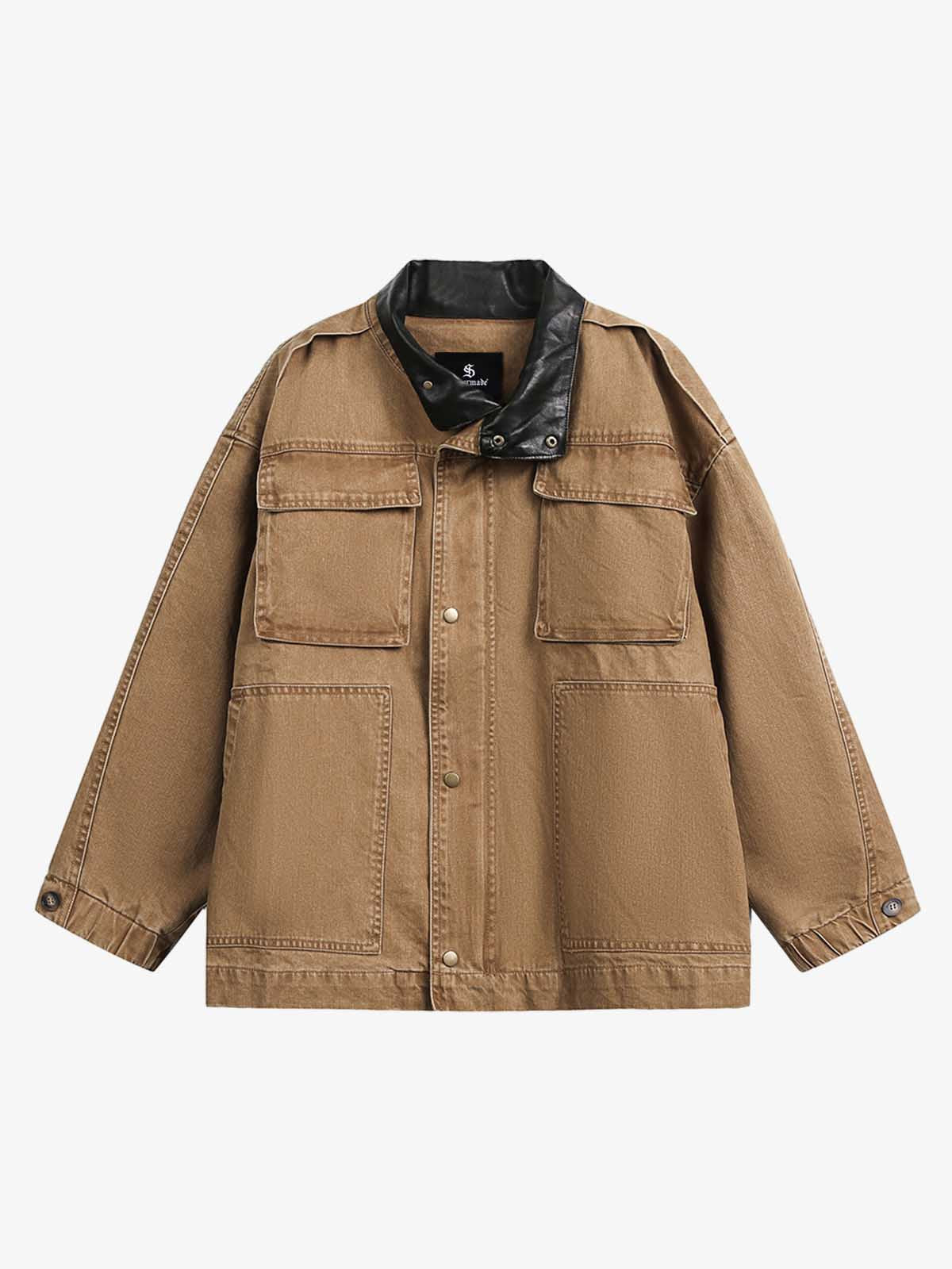 Leather Contrast Fold-Over Collar Multi Pocket Jacket