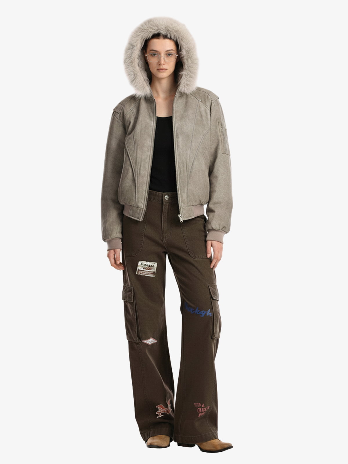 Washed Patchwork Contrast Bomber Jacket