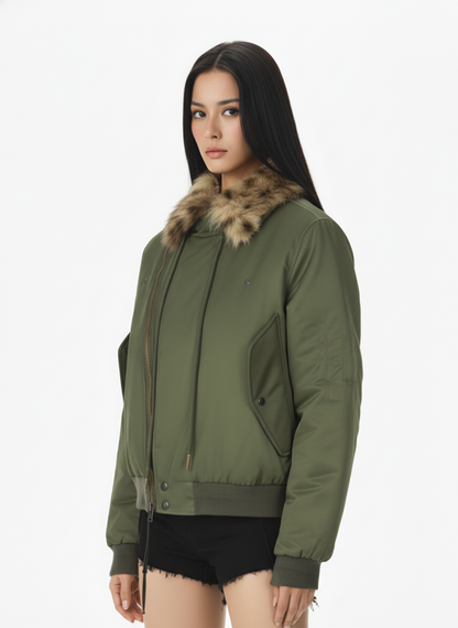 Retro Leopard Fur Collar Asymmetrical Zip Padded Jacket