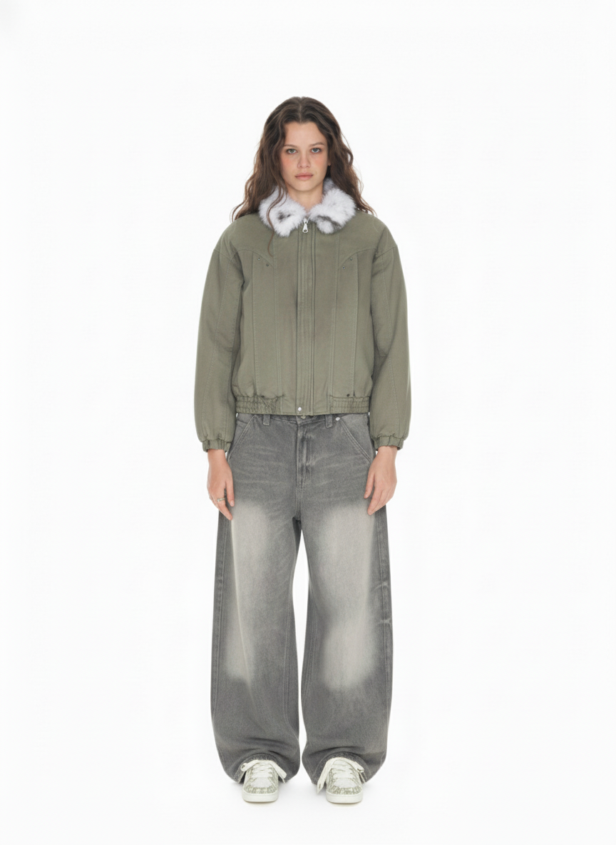 Vintage Washed Faux Fur Collar Padded Bomber Jacket