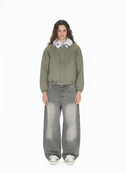 Vintage Washed Faux Fur Collar Padded Bomber Jacket