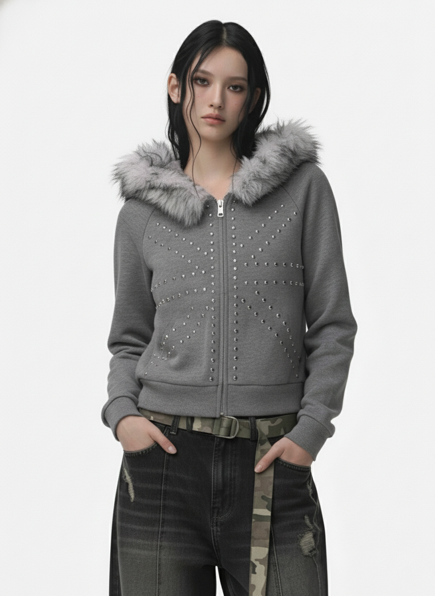Studded Detachable Fur Hooded Jacket