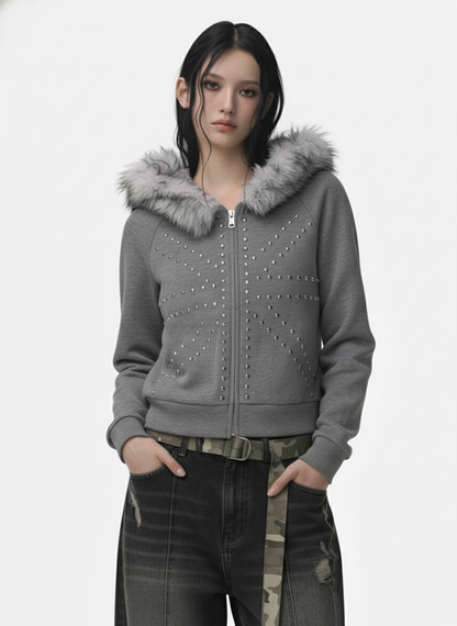 Studded Detachable Fur Hooded Jacket