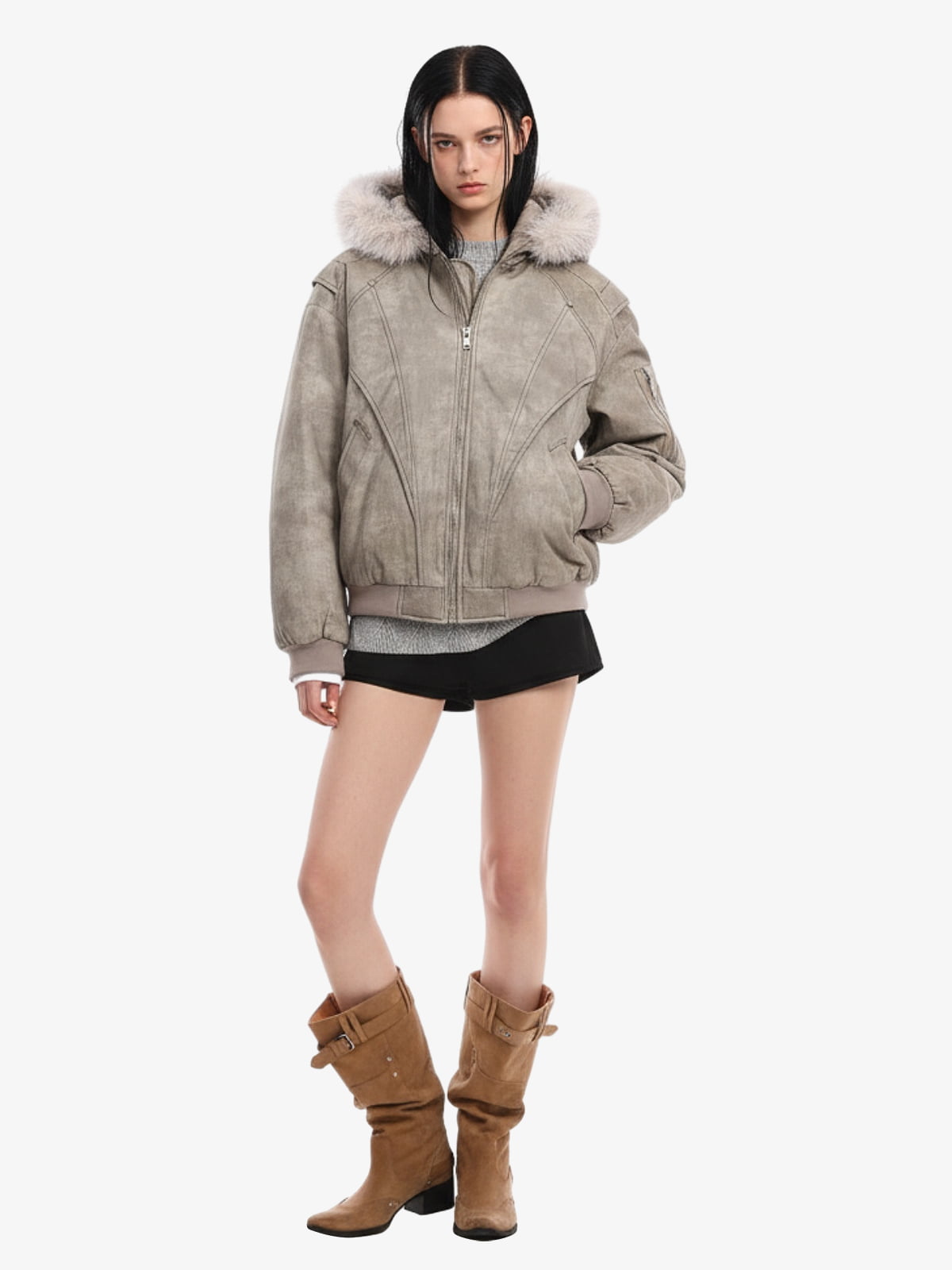 Washed Patchwork Contrast Bomber Jacket