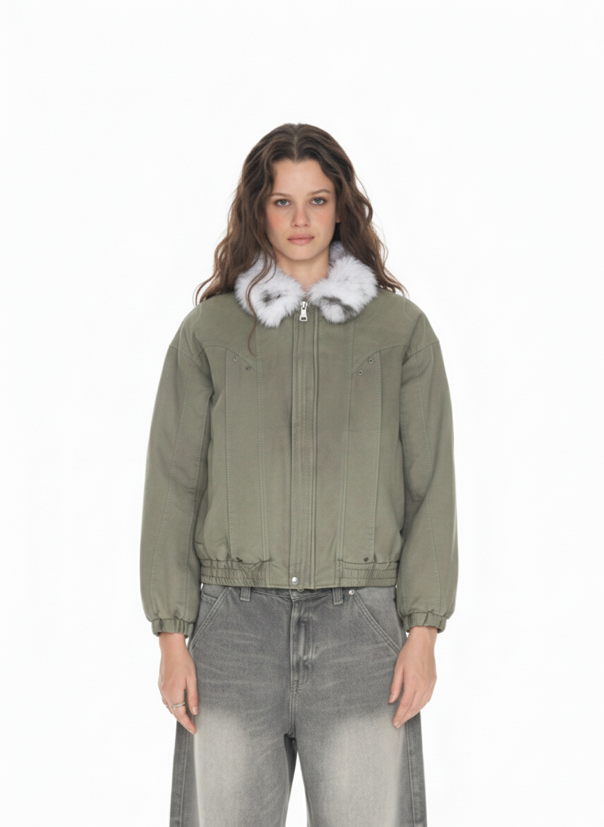 Vintage Washed Faux Fur Collar Padded Bomber Jacket