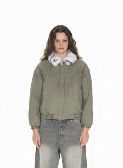 Vintage Washed Faux Fur Collar Padded Bomber Jacket