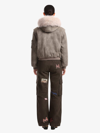 Washed Patchwork Contrast Bomber Jacket