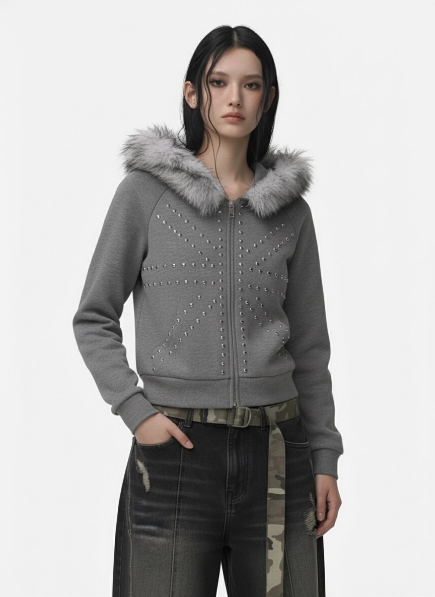 Studded Detachable Fur Hooded Jacket
