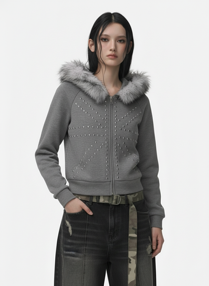 Studded Detachable Fur Hooded Jacket