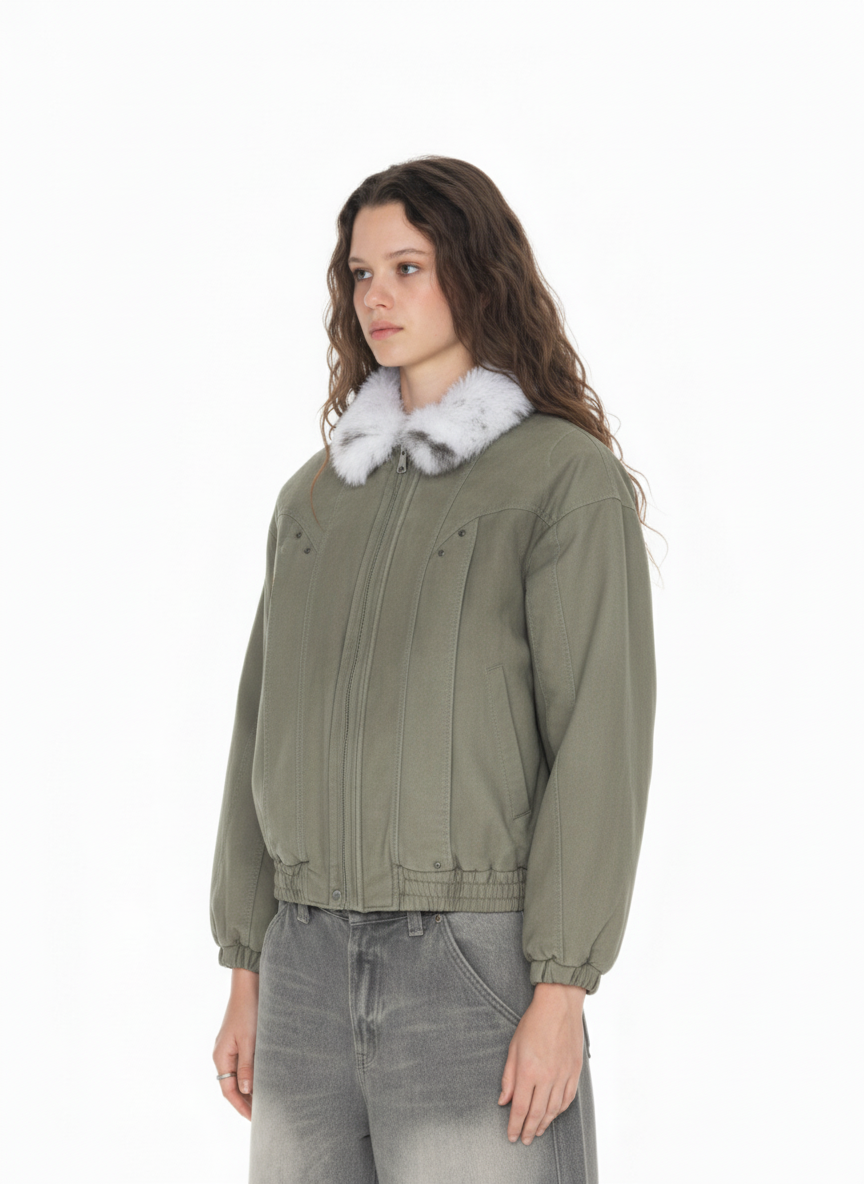 Vintage Washed Faux Fur Collar Padded Bomber Jacket