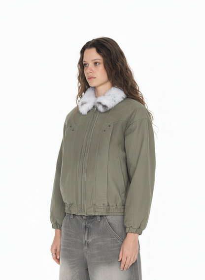 Vintage Washed Faux Fur Collar Padded Bomber Jacket