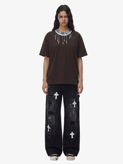 Distressed Cross Patchwork Baggy Denim Jeans