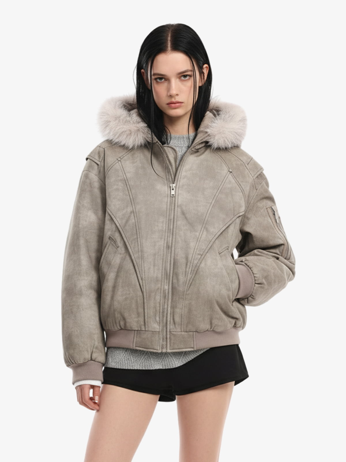 Washed Patchwork Contrast Bomber Jacket