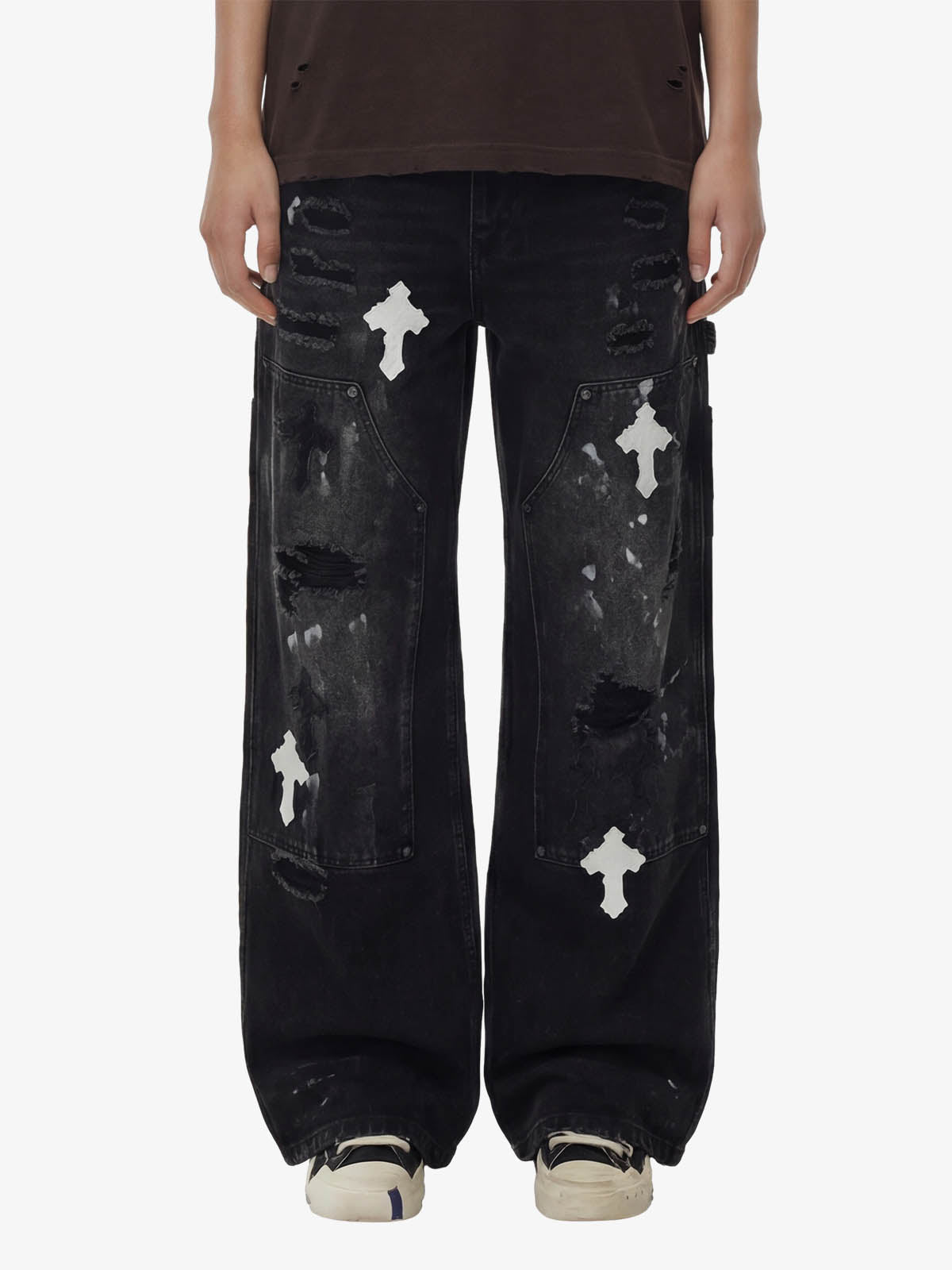 Distressed Cross Patchwork Baggy Denim Jeans