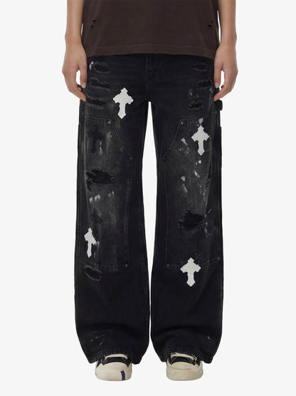 Distressed Cross Patchwork Baggy Denim Jeans