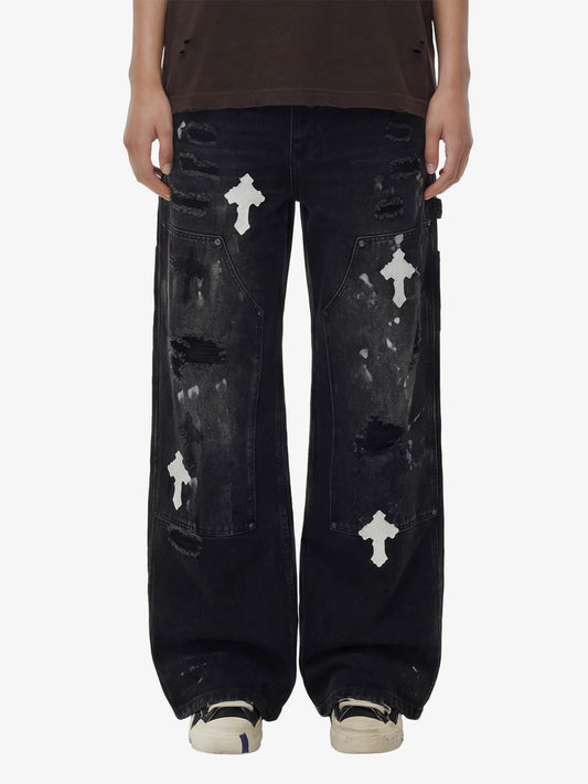 Distressed Cross Patchwork Baggy Denim Jeans