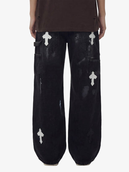Distressed Cross Patchwork Baggy Denim Jeans