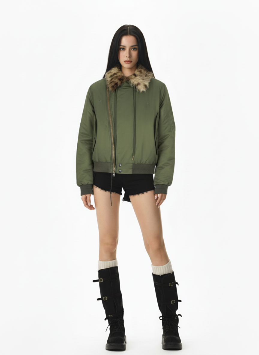 Retro Leopard Fur Collar Asymmetrical Zip Padded Jacket