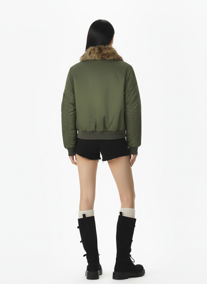 Retro Leopard Fur Collar Asymmetrical Zip Padded Jacket