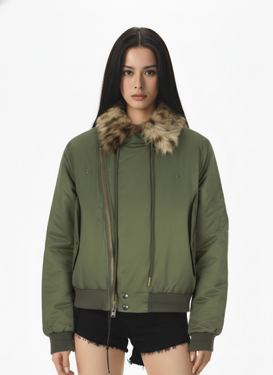 Retro Leopard Fur Collar Asymmetrical Zip Padded Jacket