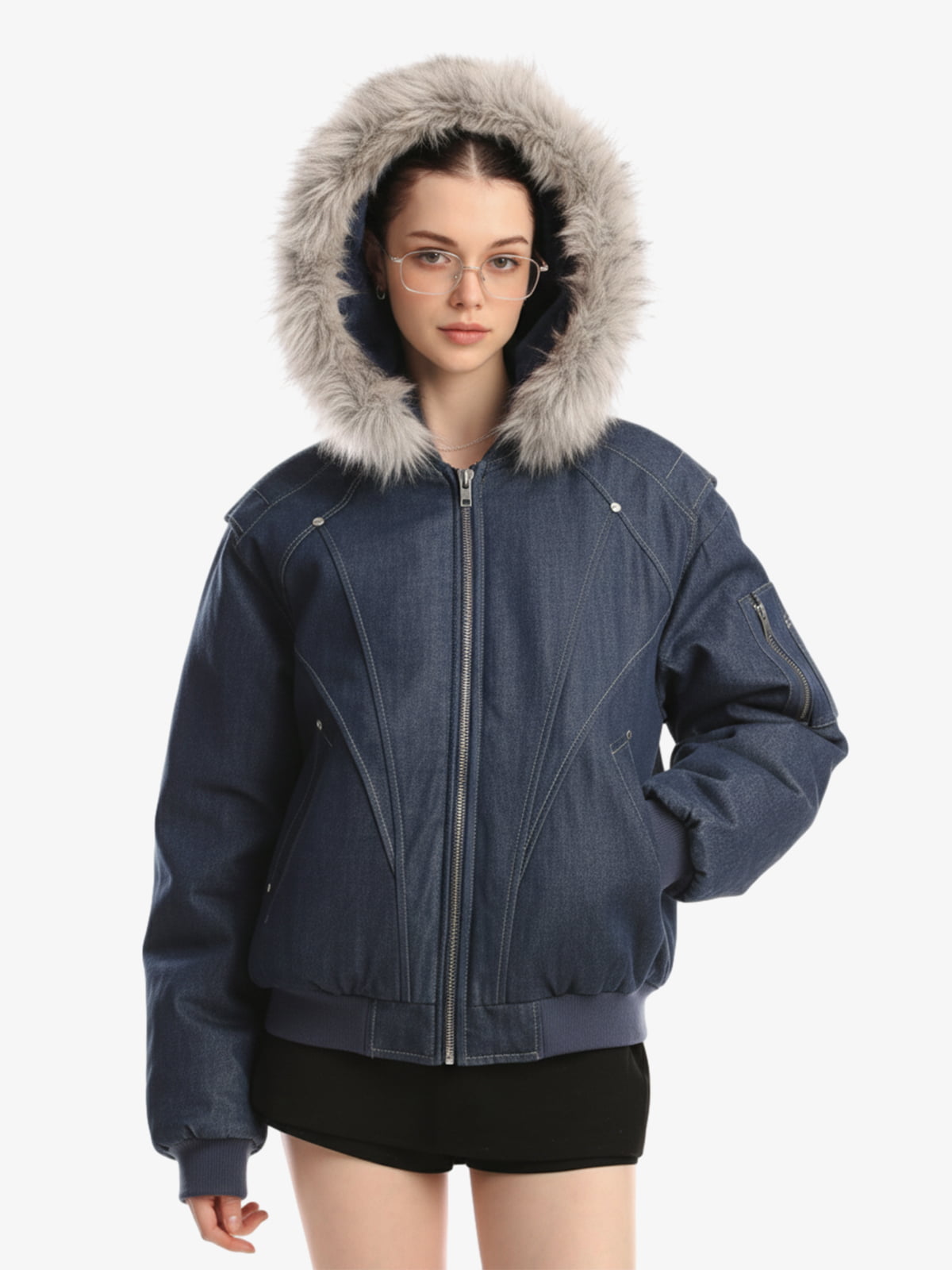 Washed Patchwork Contrast Bomber Jacket