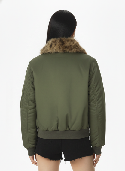 Retro Leopard Fur Collar Asymmetrical Zip Padded Jacket