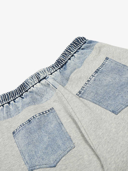 Vintage Wash Denim Waistband Patchwork Sweatpants