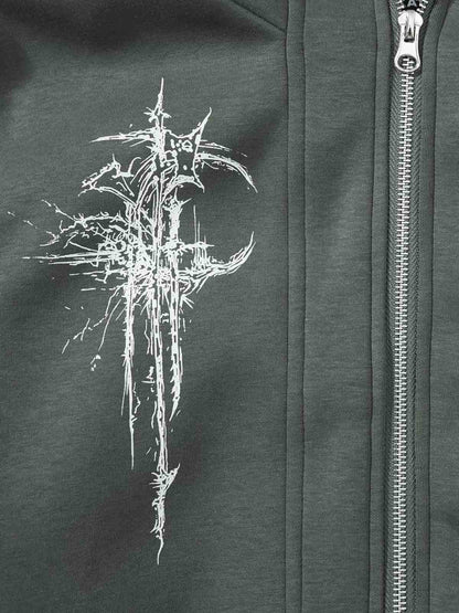 Stylish Hooded Zip-Up Jacket with Unique Graphic Design 
