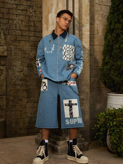 Supermade Multi-Element Appliqu¨¦ Patchwork Denim Suit?