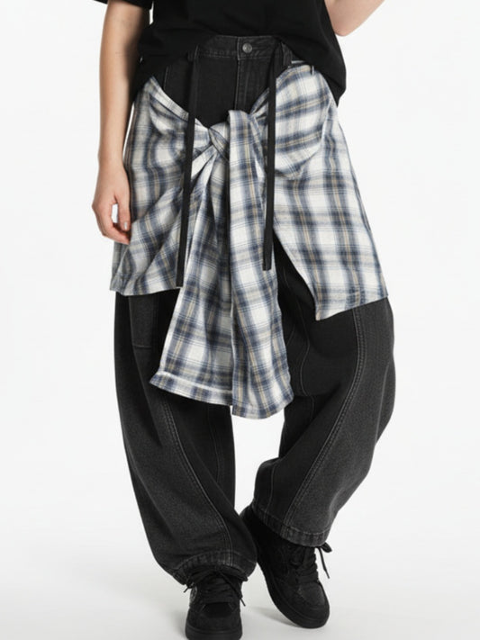 Denim Faux Two-piece Plaid Detachable Scimitar Jeans - 2435