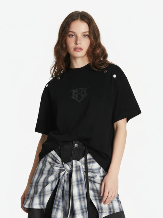 Metallic Print Suede Crew Neck T-Shirt