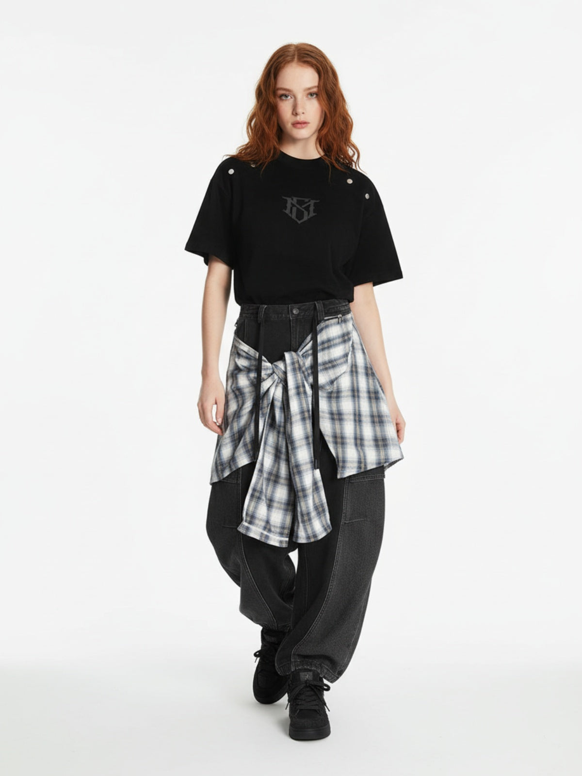Denim Faux Two-piece Plaid Detachable Scimitar Jeans - 2435