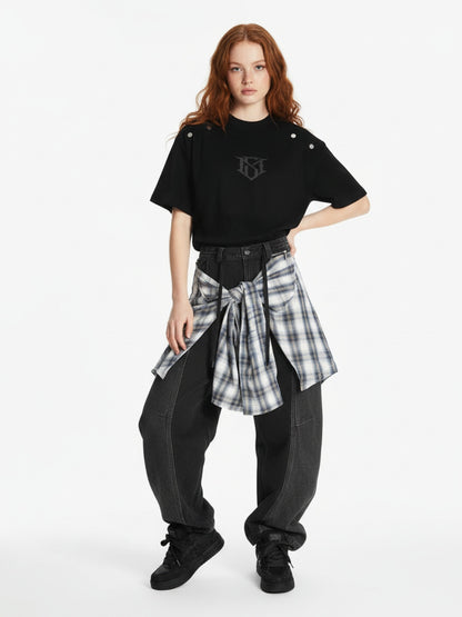 Denim Faux Two-piece Plaid Detachable Scimitar Jeans - 2435