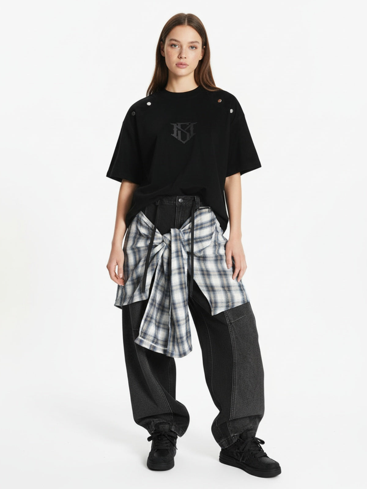 Denim Faux Two-piece Plaid Detachable Scimitar Jeans - 2435