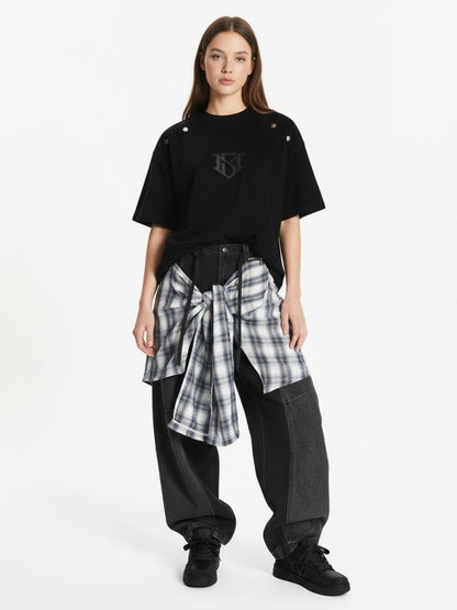 Denim Faux Two-piece Plaid Detachable Scimitar Jeans - 2435