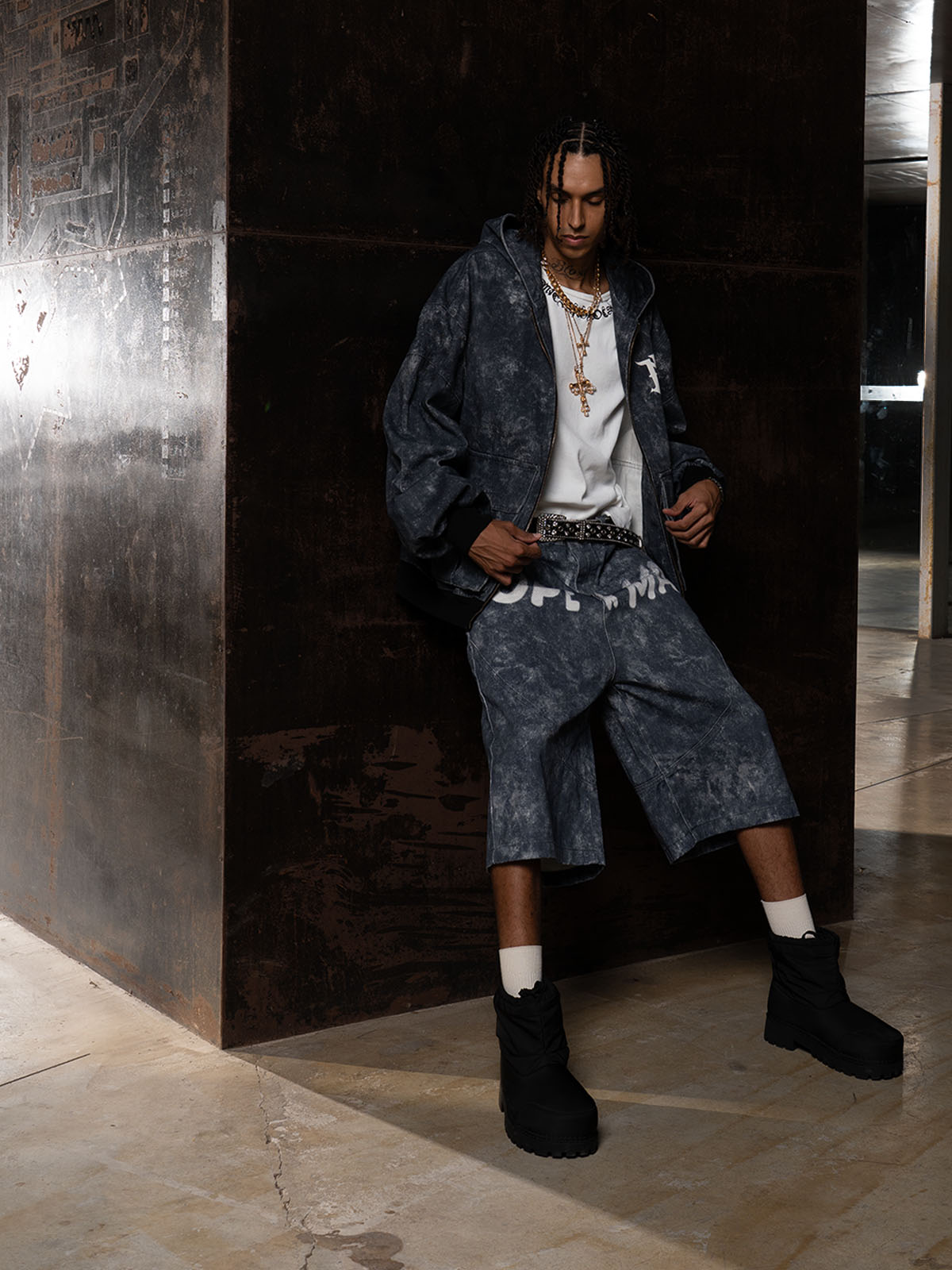 Oversized Denim Hoodie And Shorts Set For Urban Streetwear 