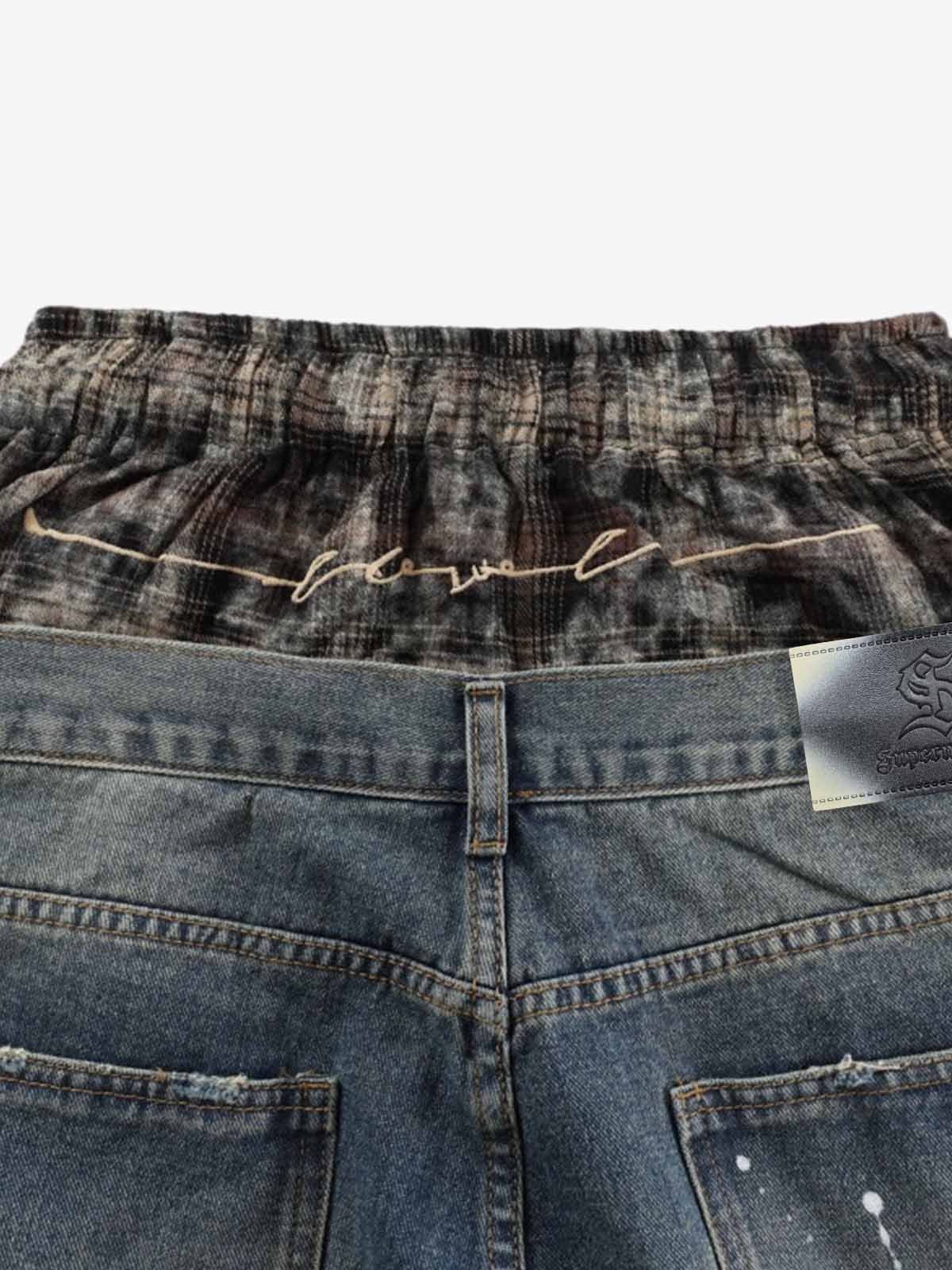 Denim Patchwork Wide Leg Pants with Drawstring Waist and Distressed Details 