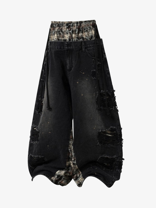 Denim Patchwork Wide Leg Pants with Drawstring Waist and Distressed Details 