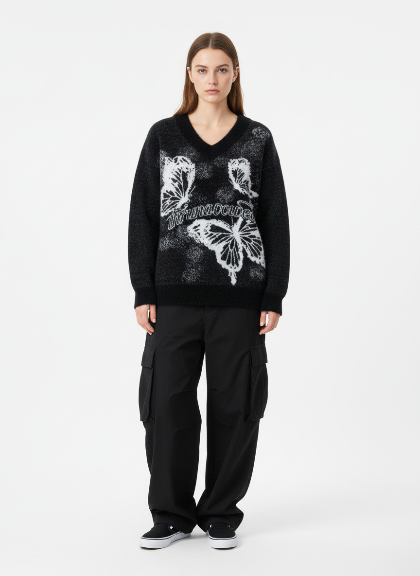 Vintage Butterfly V-Neck Sweater