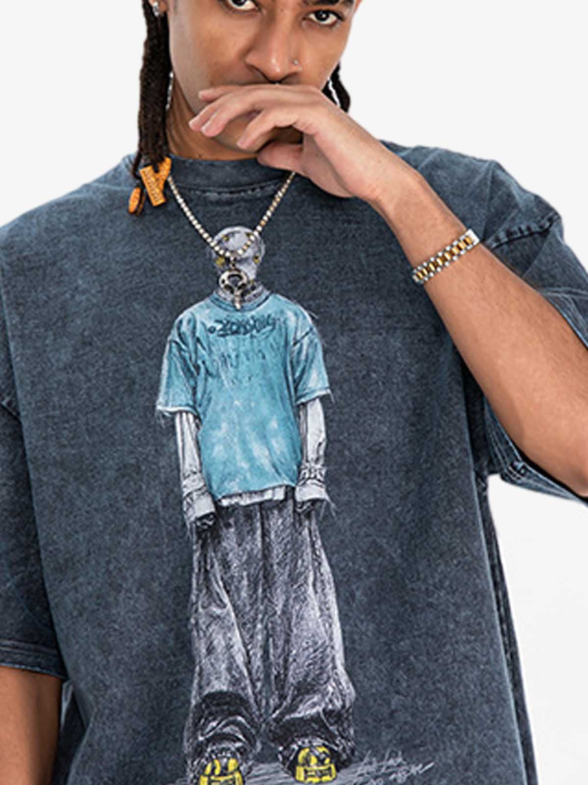 300G Jade Pattern Dyed Cotton Oversized T-Shirt with Skeleton Graphic Print Streetwear?