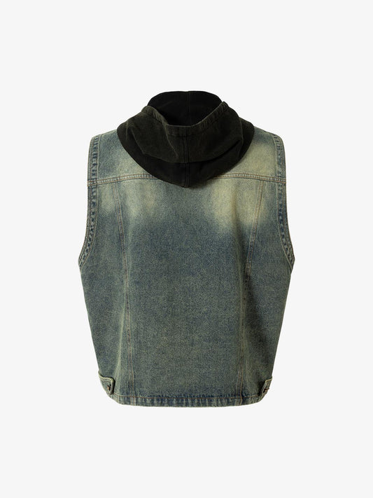 Thesupermade Functional Multi-pocket Hooded Denim Vest 